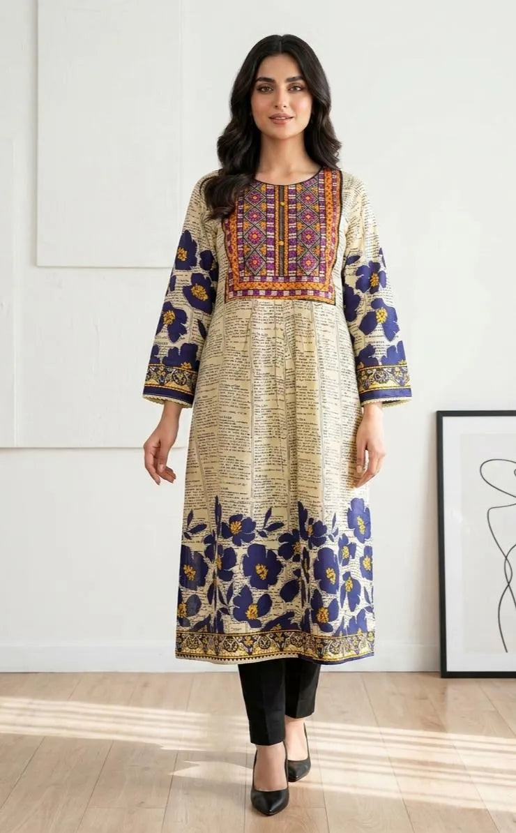 Pakistani Printed Katan Gown Yellow Blue Floral Embroidered