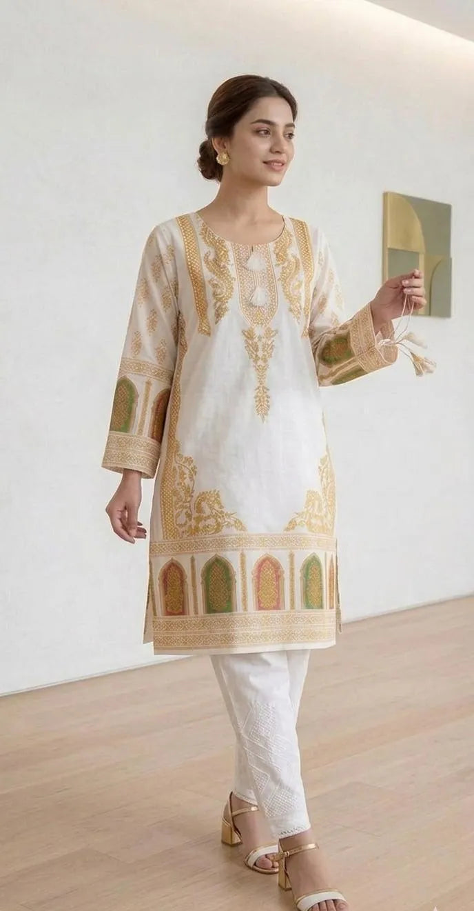 White Block Printed Arabic Lawn Kurta Set for Women