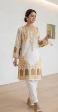 White Block Printed Arabic Lawn Kurta Set for Women