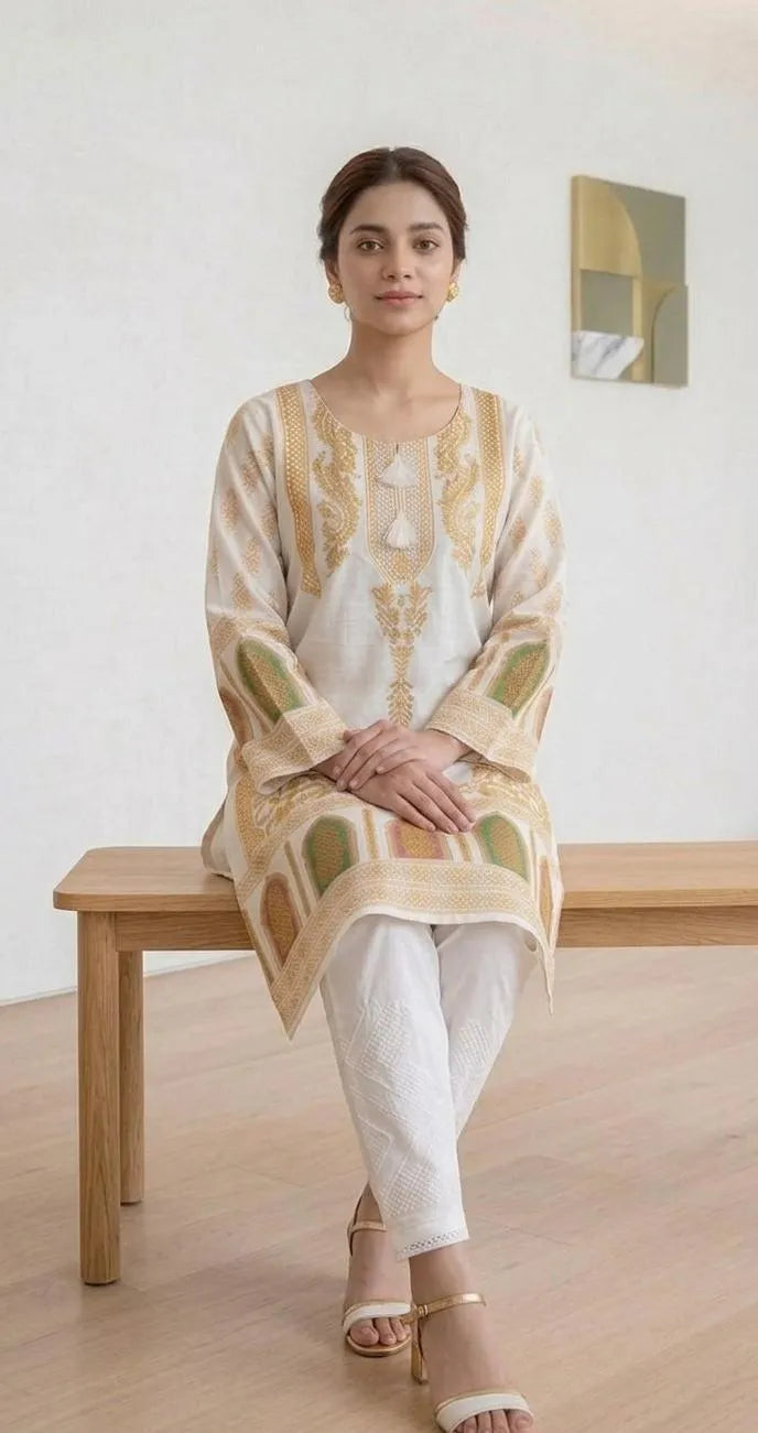 White Block Printed Arabic Lawn Kurta Set for Women