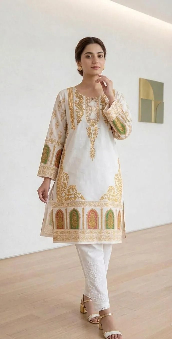 White Block Printed Arabic Lawn Kurta Set for Women