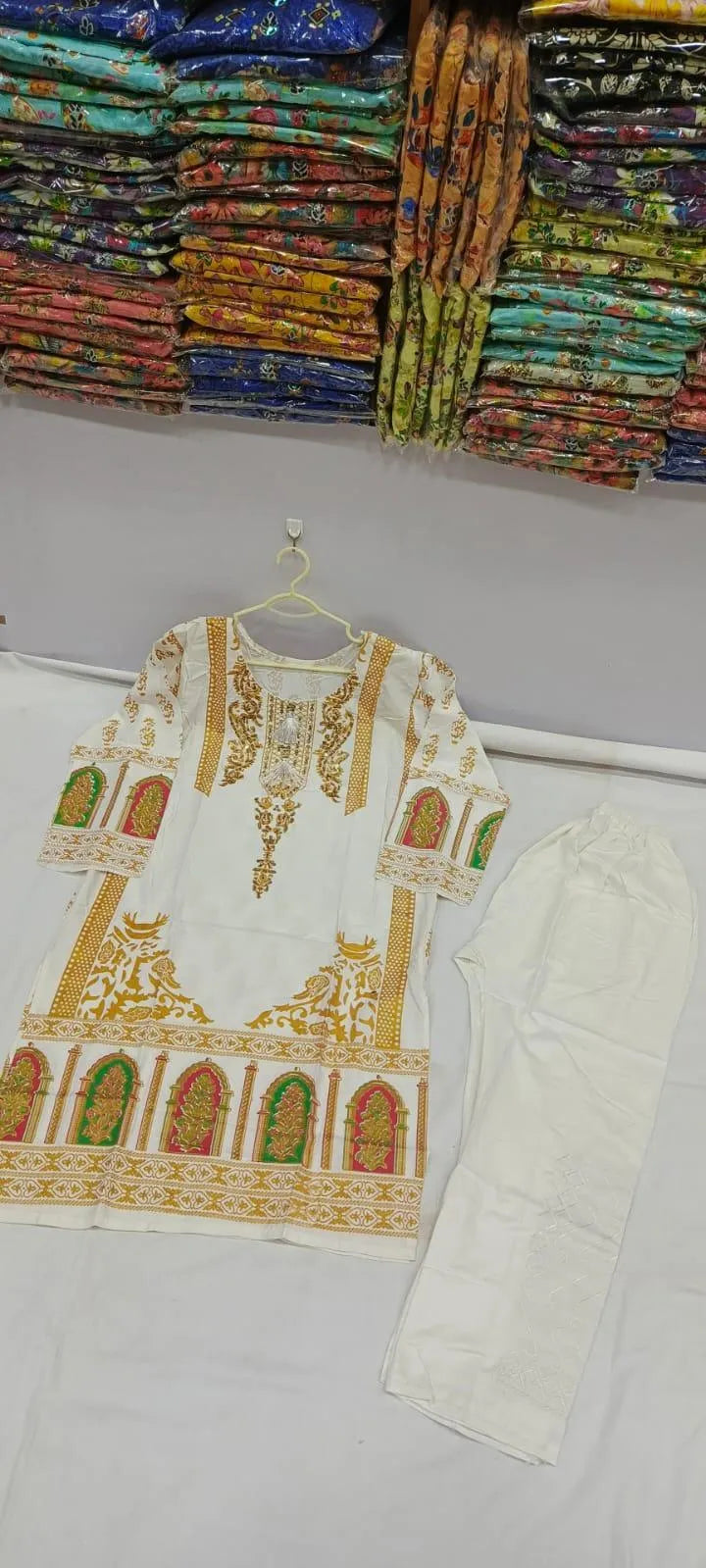 White Block Printed Arabic Lawn Kurta Set for Women