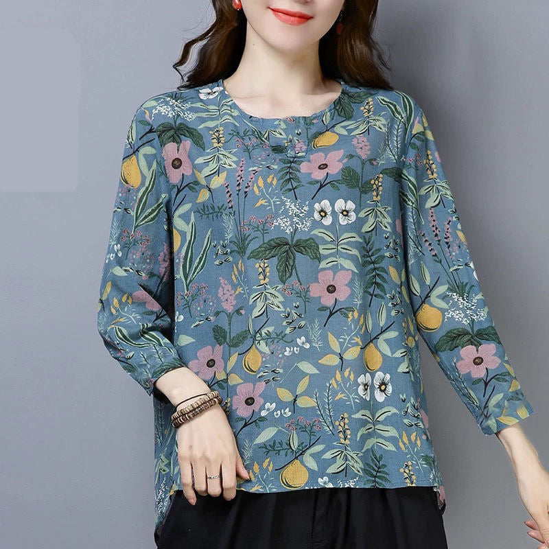 Plus Size Floral Printed Long Sleeve Women Shirt