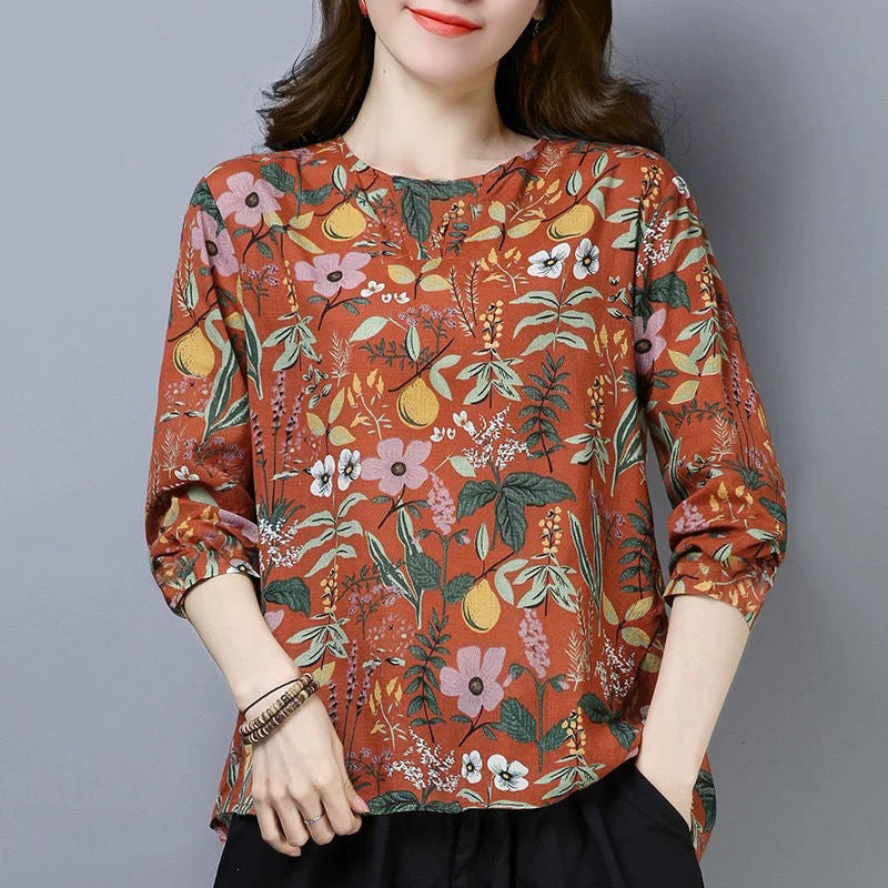 Plus Size Floral Printed Long Sleeve Women Shirt