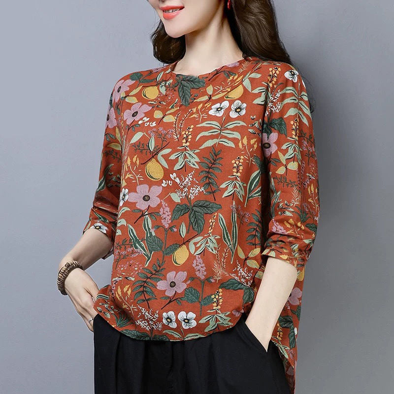 Plus Size Floral Printed Long Sleeve Women Shirt