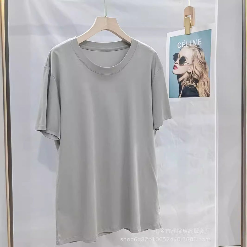 Men Loose Cotton T-Shirt Summer White Crew Neck