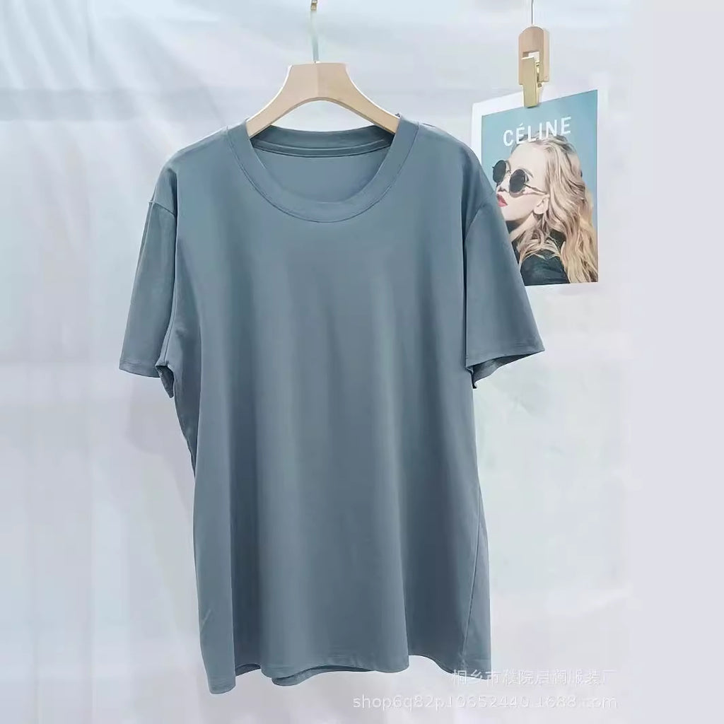 Men Loose Cotton T-Shirt Summer White Crew Neck