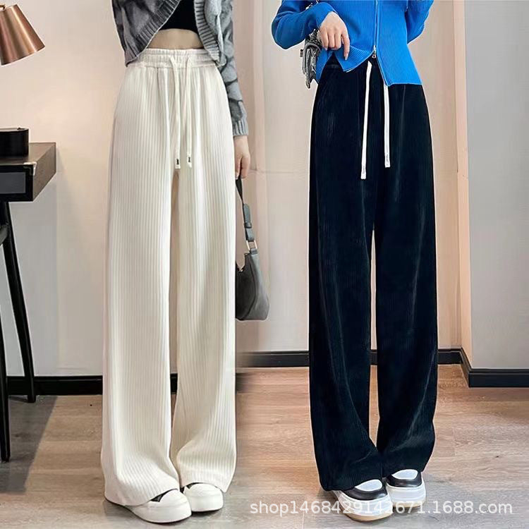 Women Cotton Velvet Wide Leg Pants Black Autumn