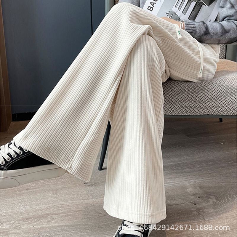 Women Cotton Velvet Wide Leg Pants Black Autumn