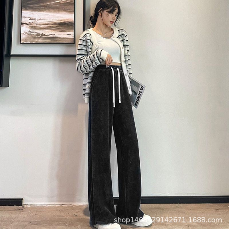 Women Cotton Velvet Wide Leg Pants Black Autumn
