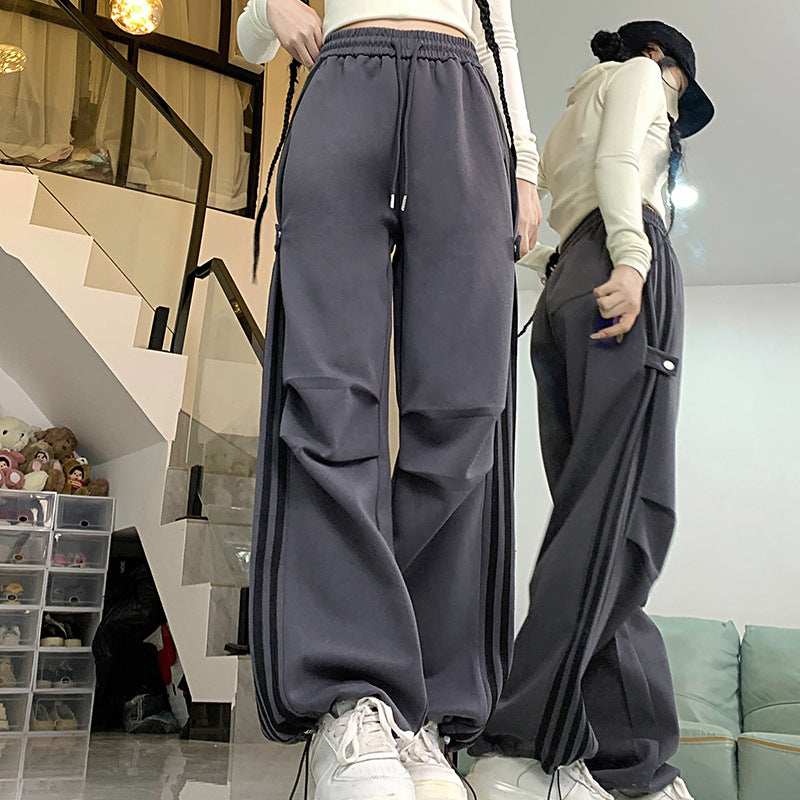 Women Wide-Leg Overalls Khaki Loose Autumn Sports Pants