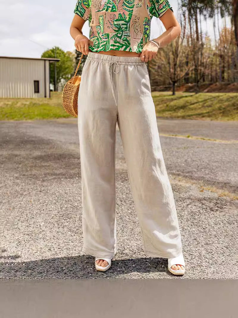 Women Loose Wide Leg Trousers Cotton Black Summer