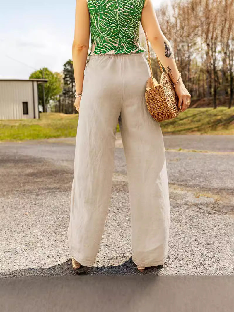 Women Loose Wide Leg Trousers Cotton Black Summer