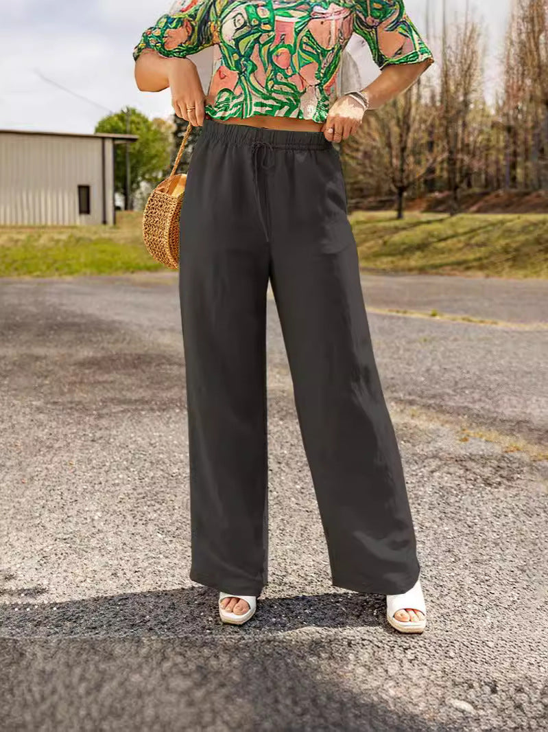 Women Loose Wide Leg Trousers Cotton Black Summer