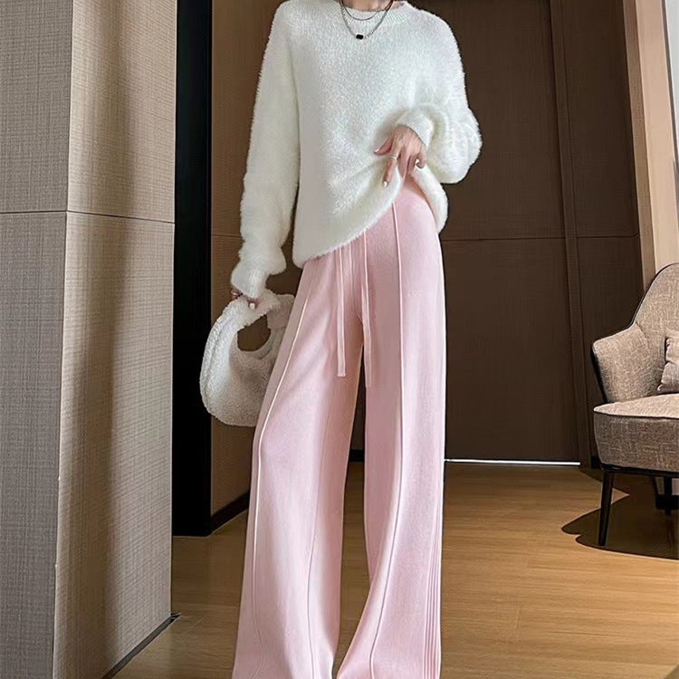 Women Knitted Wide-Leg Pants Creamy White Winter Casual
