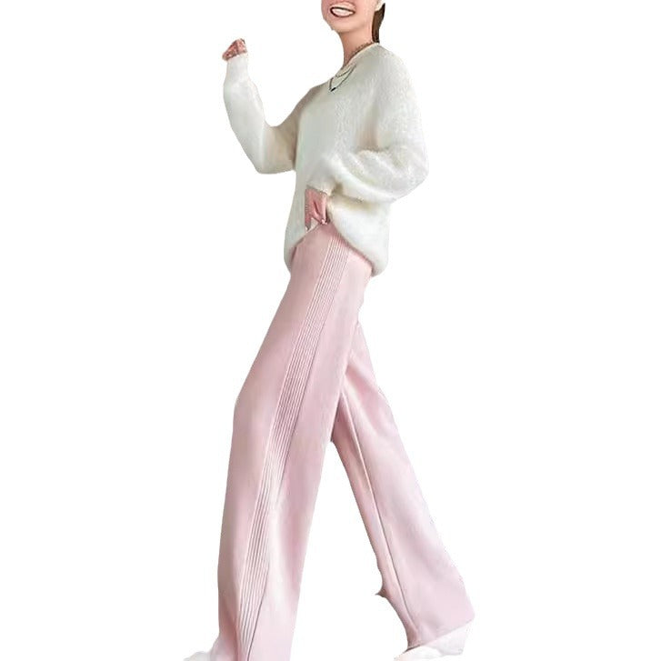 Women Knitted Wide-Leg Pants Creamy White Winter Casual
