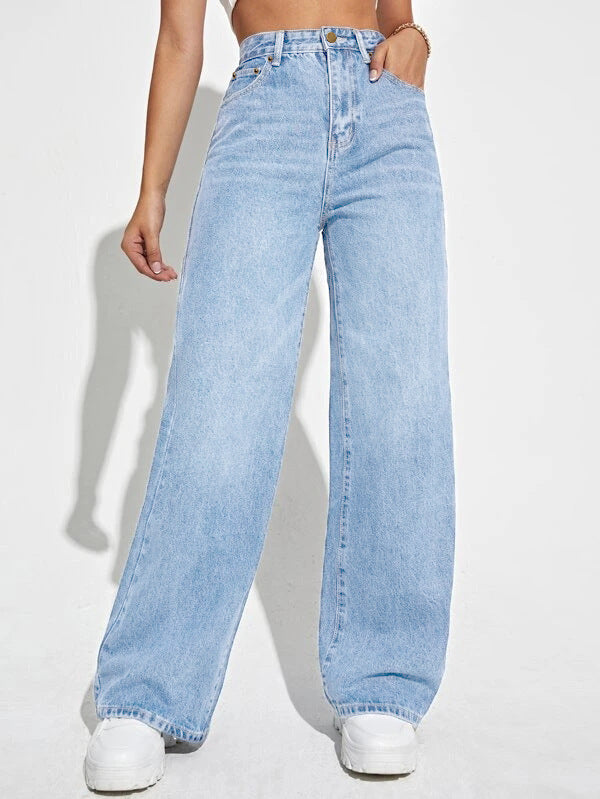 Women Loose Straight Leg Jeans Light Blue New Trendy
