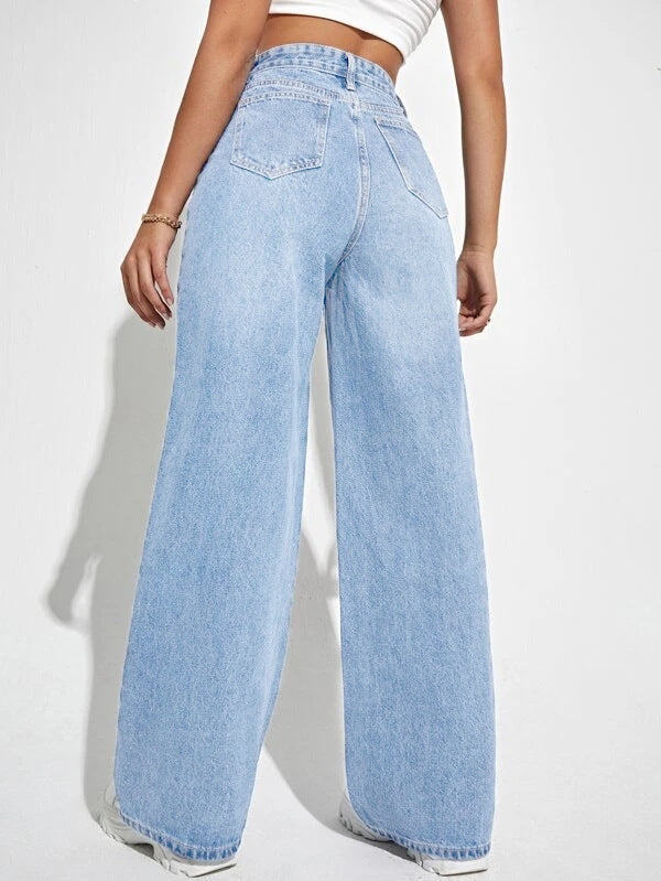 Women Loose Straight Leg Jeans Light Blue New Trendy