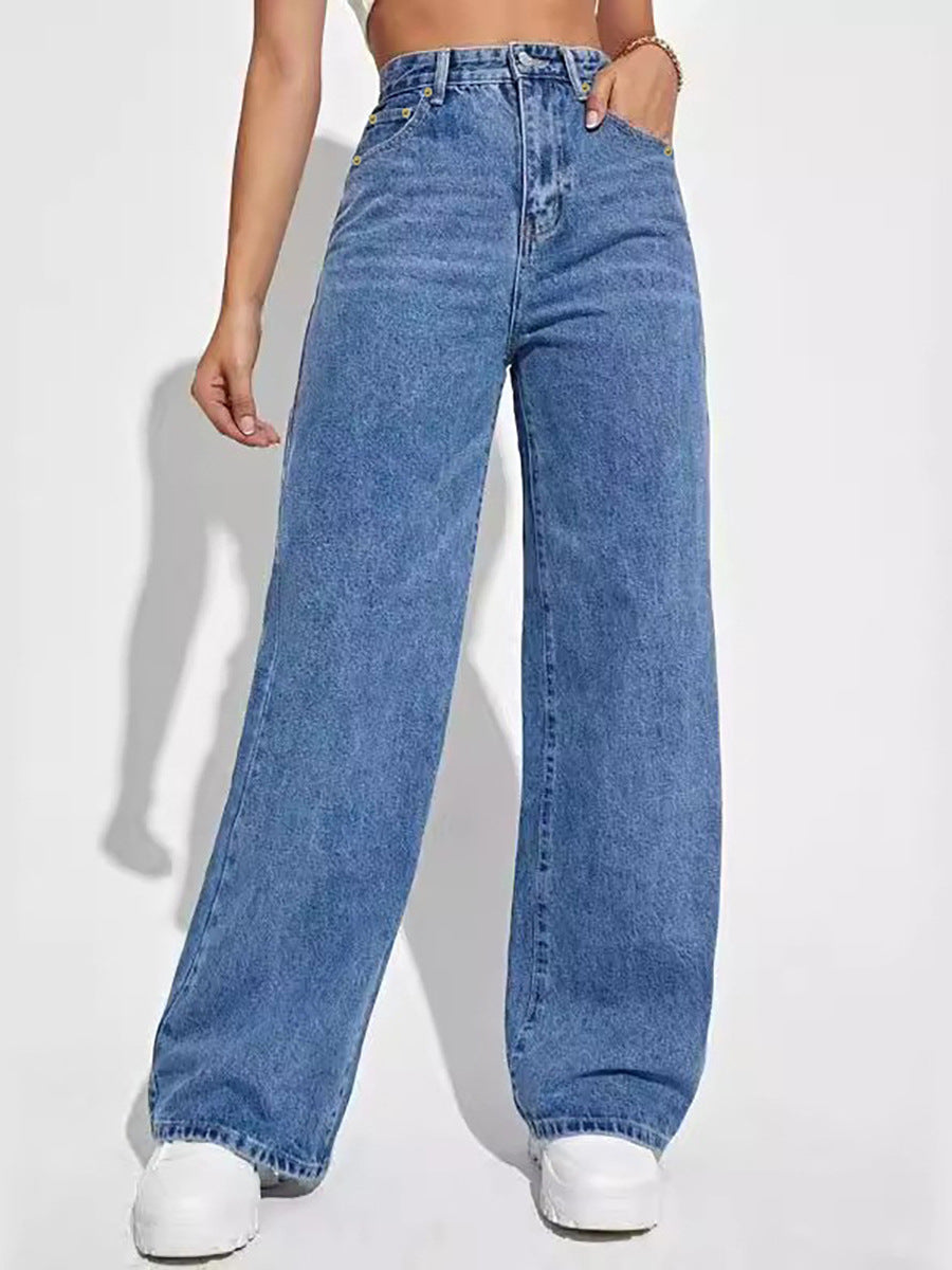 Women Loose Straight Leg Jeans Light Blue New Trendy