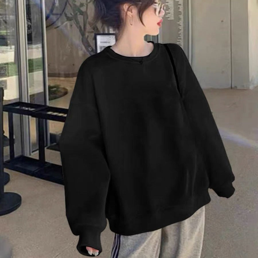 White Loose Fit Round Neck Sweatshirt Women Cotton Autumn