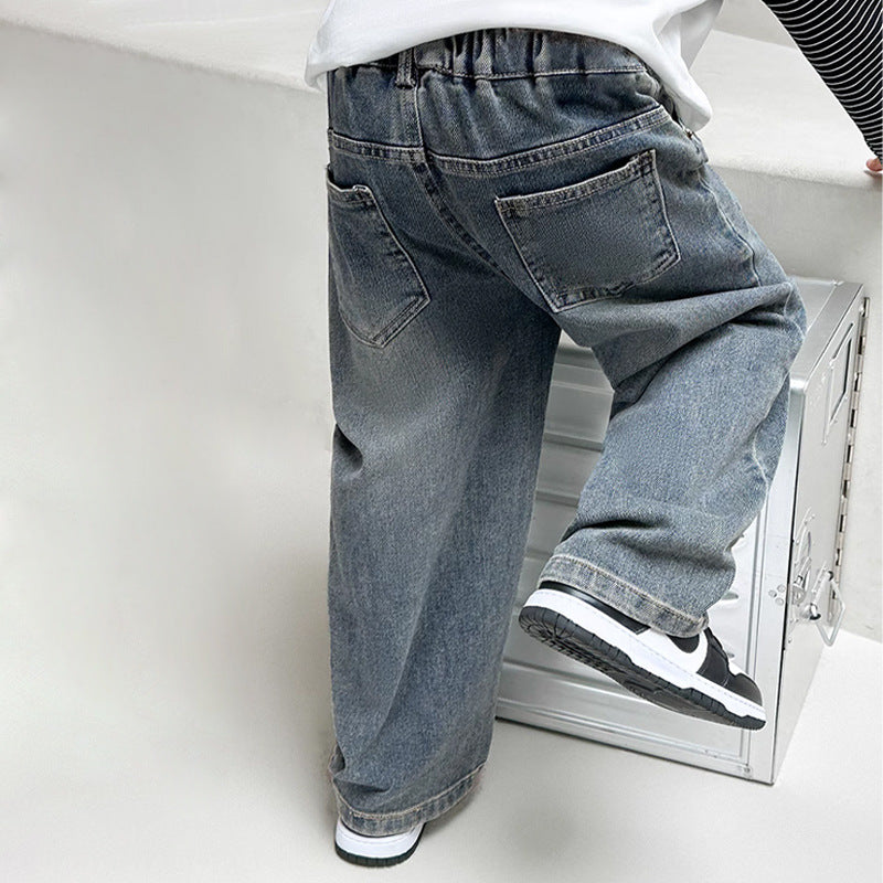Wide Leg Denim Jeans for Kids Solid Blue Pakistan