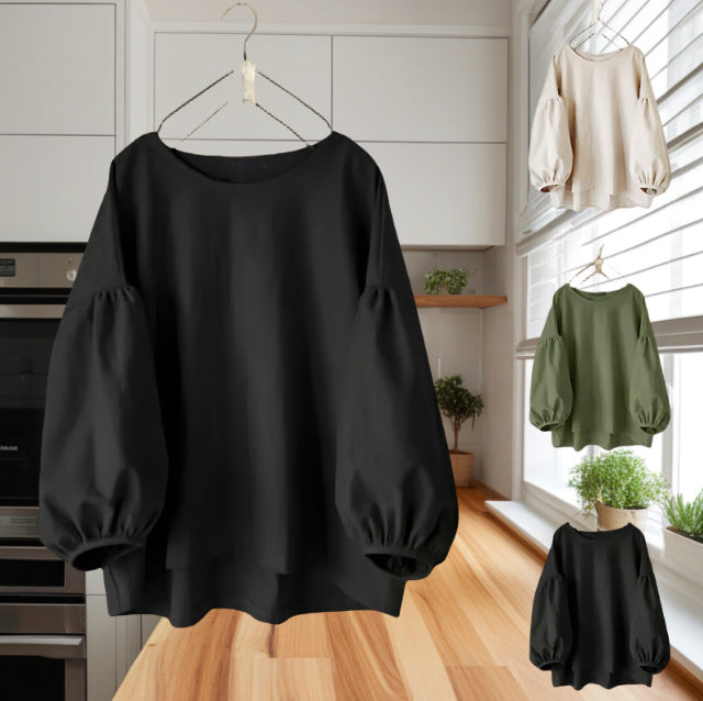 Women Loose Puff Sleeve Shirt Black Casual Daily Wear