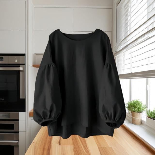 Women Loose Puff Sleeve Shirt Black Casual Daily Wear