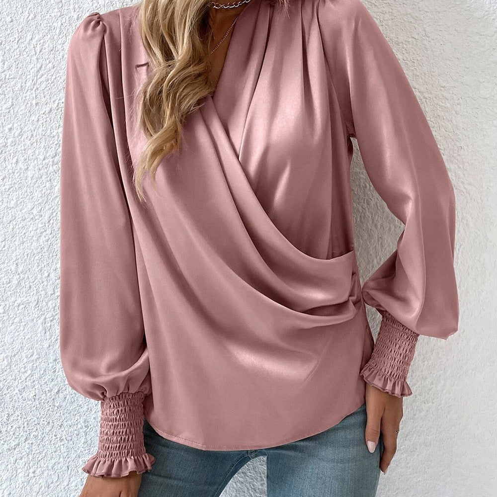 Women V Neck Lantern Sleeve Shirt Solid Color Casual Wear