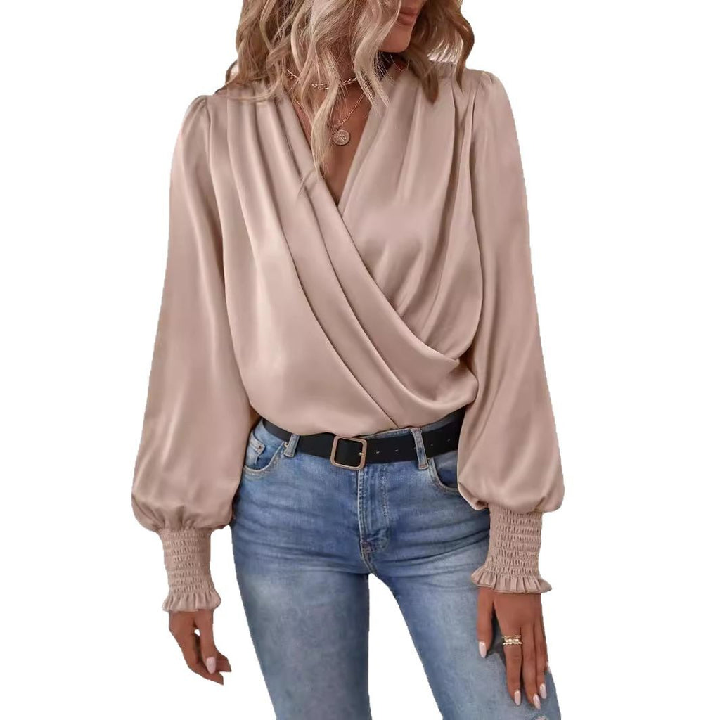 Women V Neck Lantern Sleeve Shirt Solid Color Casual Wear