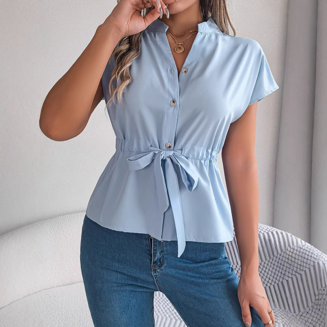 Women Chiffon V Neck Button Down Shirt with Belt Summer Short Sleeve