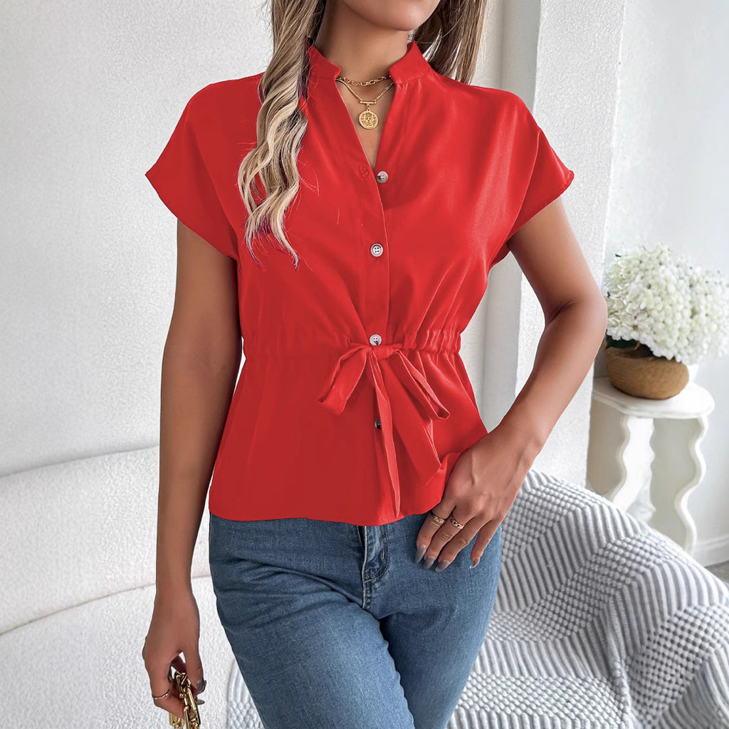 Women Chiffon V Neck Button Down Shirt with Belt Summer Short Sleeve