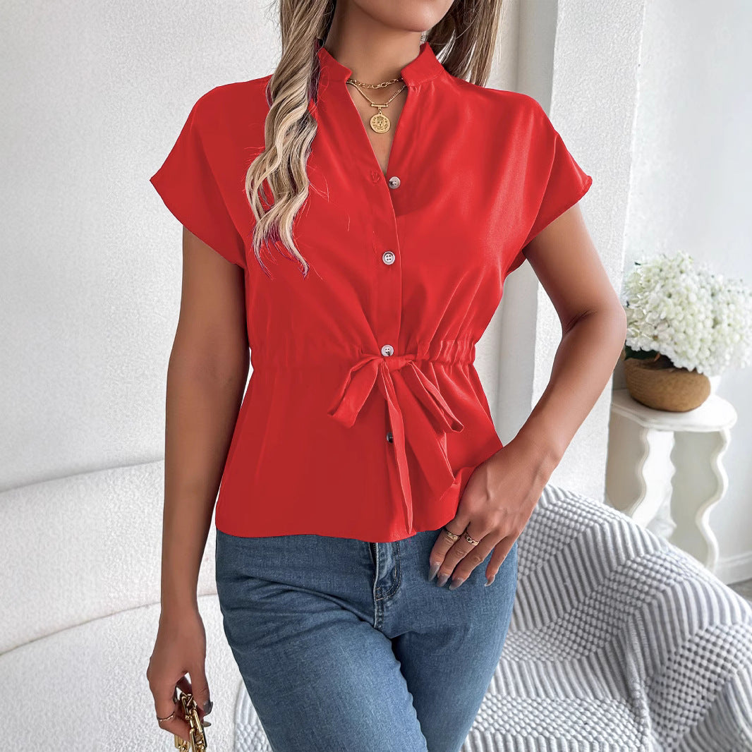 Women Chiffon V Neck Button Down Shirt with Belt Summer Short Sleeve