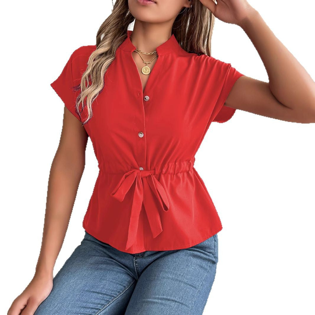 Women Chiffon V Neck Button Down Shirt with Belt Summer Short Sleeve