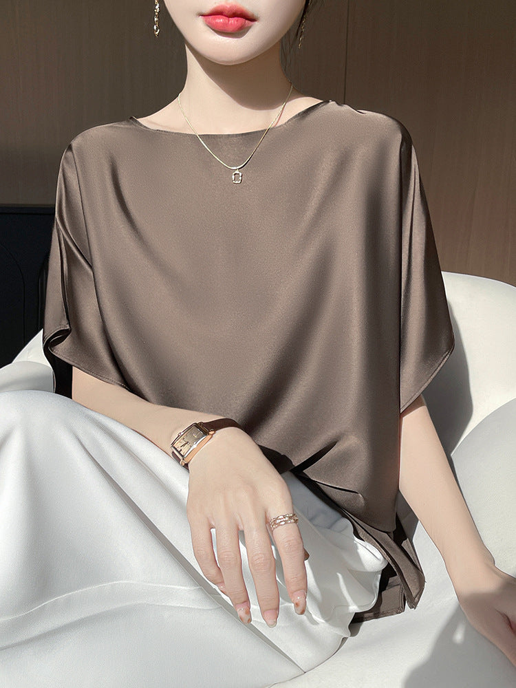Women Silk Dolman Top Solid Brown Summer Casual