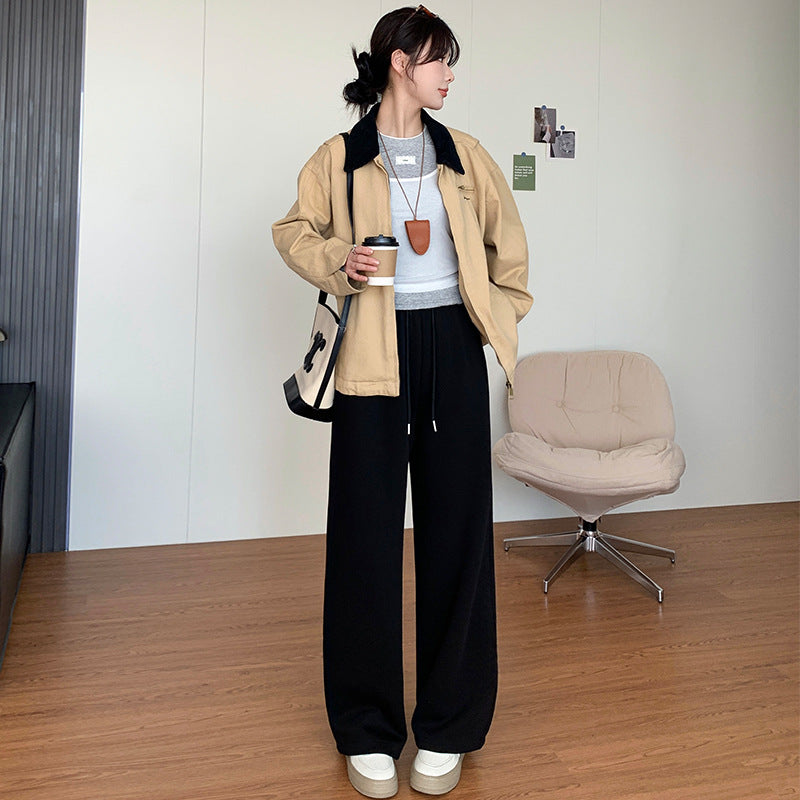 Women Yellow Loose Wide Leg Sweatpants Autumn Sports Casual