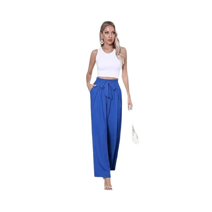 Women Summer Wide-Leg High-Waisted Blue Pants