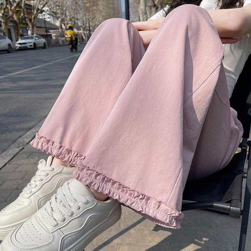Women High-Waisted Wide Leg Pants Cotton Ruffled Summer Casual