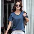 Women Loose V Neck Cotton T-Shirt Plus Size Blue