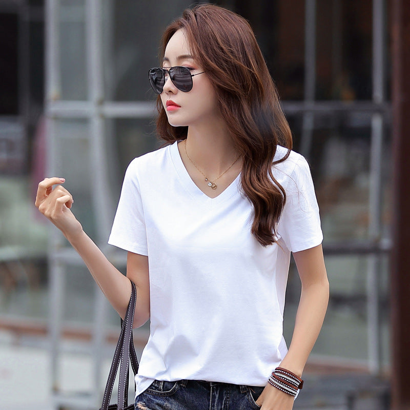 Women Loose V Neck Cotton T-Shirt Plus Size Blue