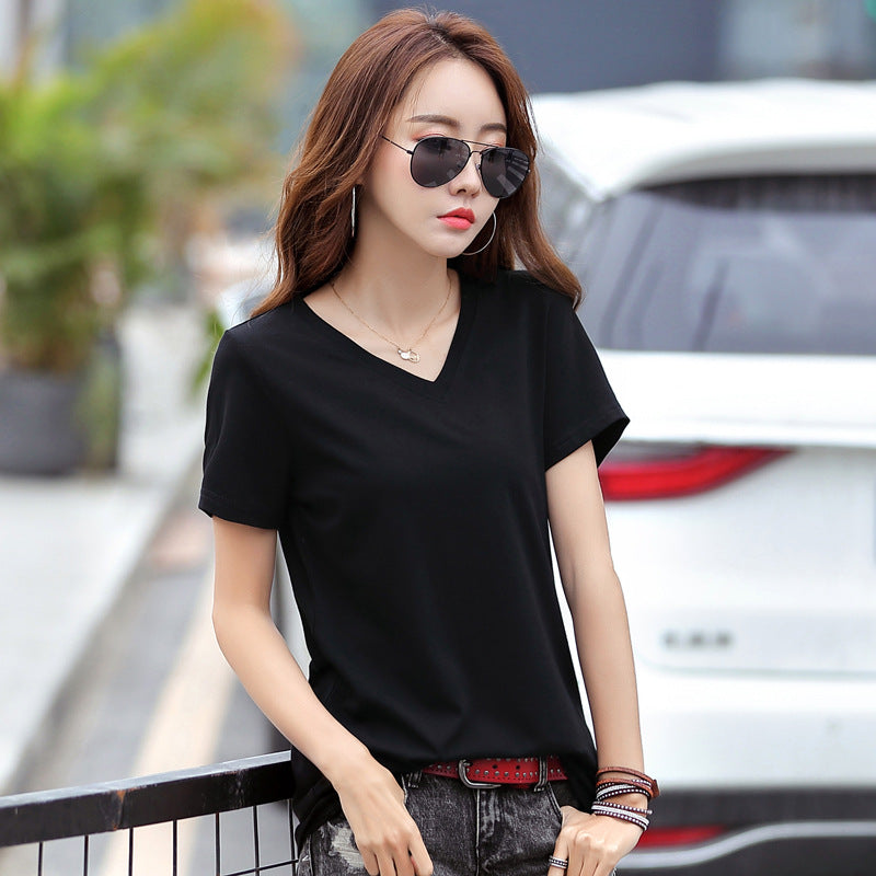Women Loose V Neck Cotton T-Shirt Plus Size Blue