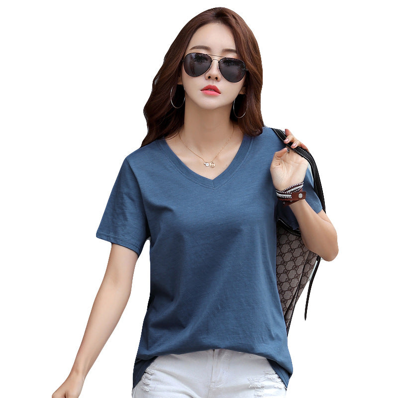 Women Loose V Neck Cotton T-Shirt Plus Size Blue