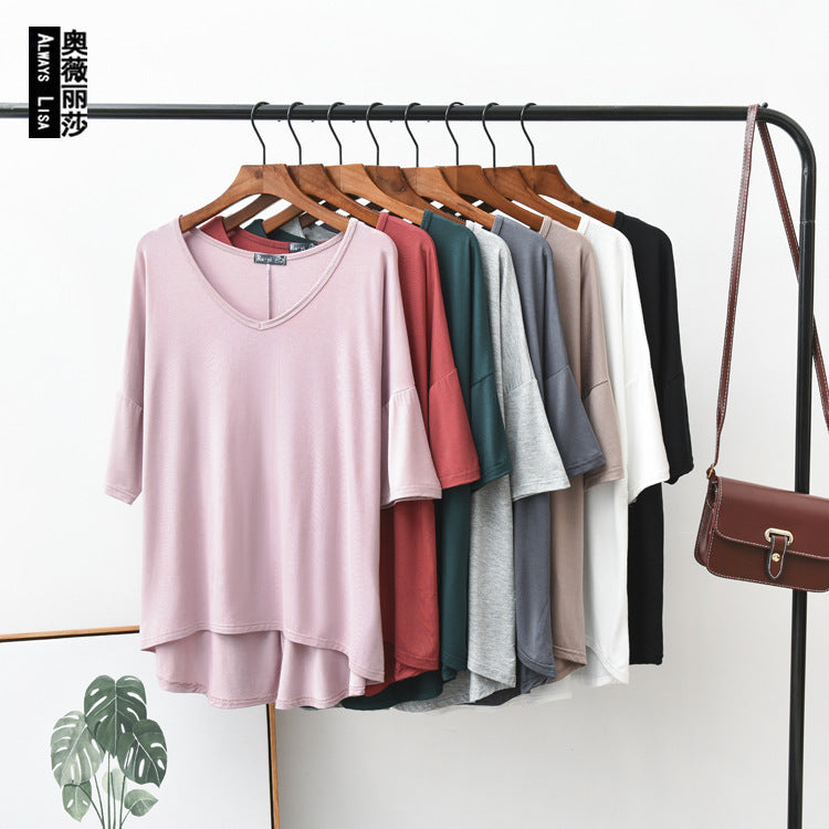Women Loose V-neck Batwing Sleeve T-shirt Summer Plus Size Modal