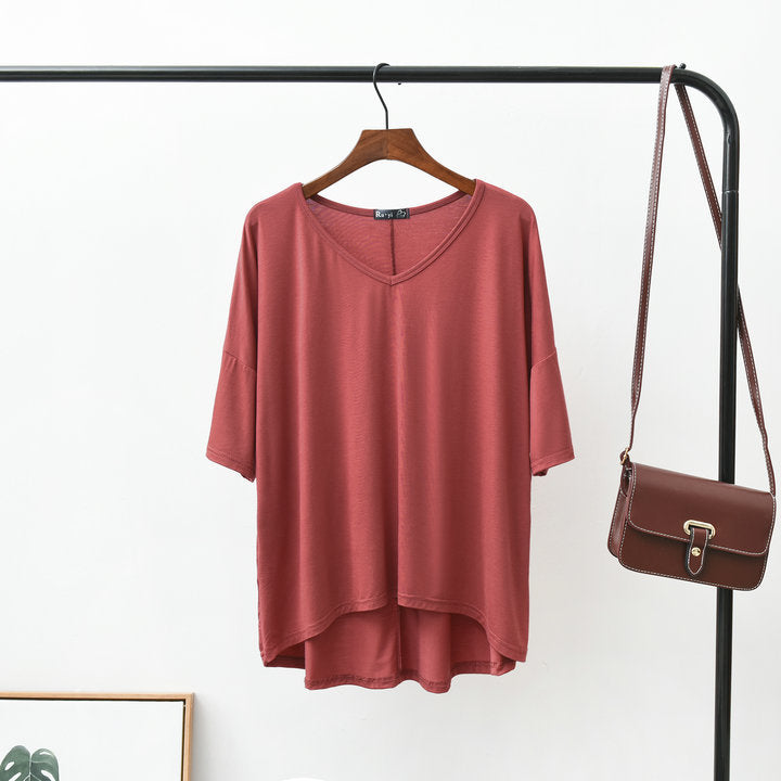Women Loose V-neck Batwing Sleeve T-shirt Summer Plus Size Modal