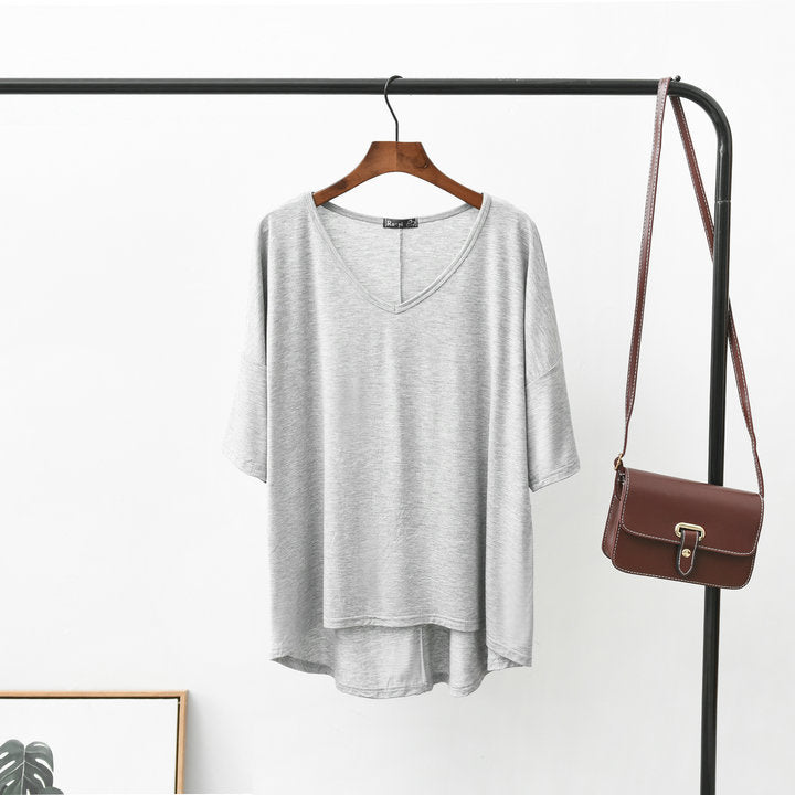 Women Loose V-neck Batwing Sleeve T-shirt Summer Plus Size Modal