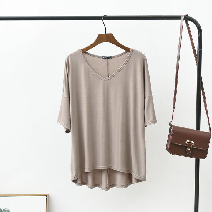 Women Loose V-neck Batwing Sleeve T-shirt Summer Plus Size Modal