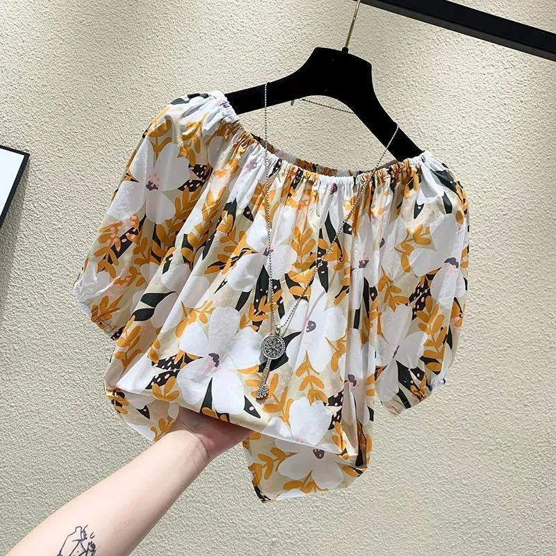 Plus Size Floral T-Shirt Summer Loose Fit S-Blue