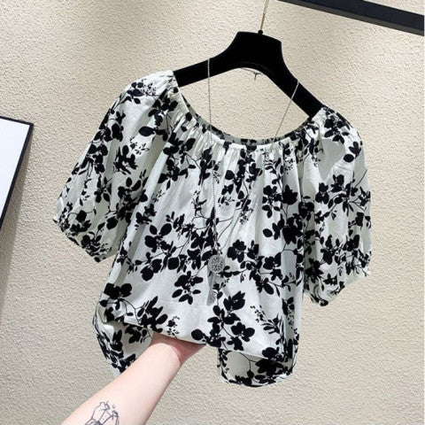 Plus Size Floral T-Shirt Summer Loose Fit S-Blue