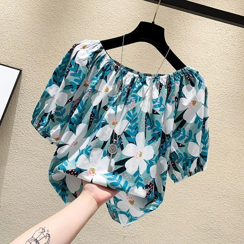 Plus Size Floral T-Shirt Summer Loose Fit S-Blue