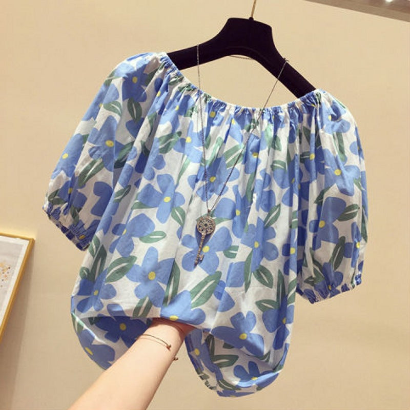 Plus Size Floral T-Shirt Summer Loose Fit S-Blue
