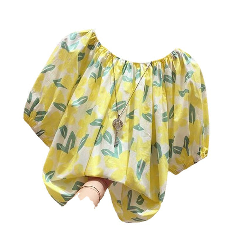 Plus Size Floral T-Shirt Summer Loose Fit S-Blue